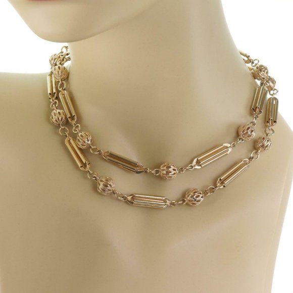 14k Gold Column Bar & Filigree Ball Motif Necklace - Picture 2 of 6